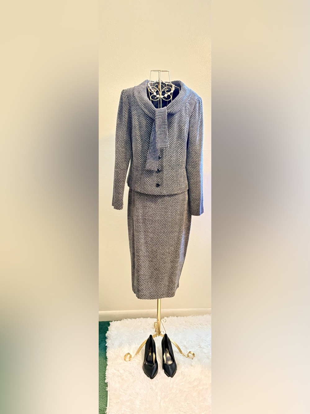 Maggy London Black and White Chevron Skirt Suit with Bow Neck Jacket